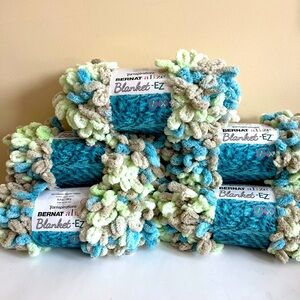 Bernat Alize Blanket EZ Pre-looped Yarn 18 yards ea, Bundle of 5 Tan/Green/Blue